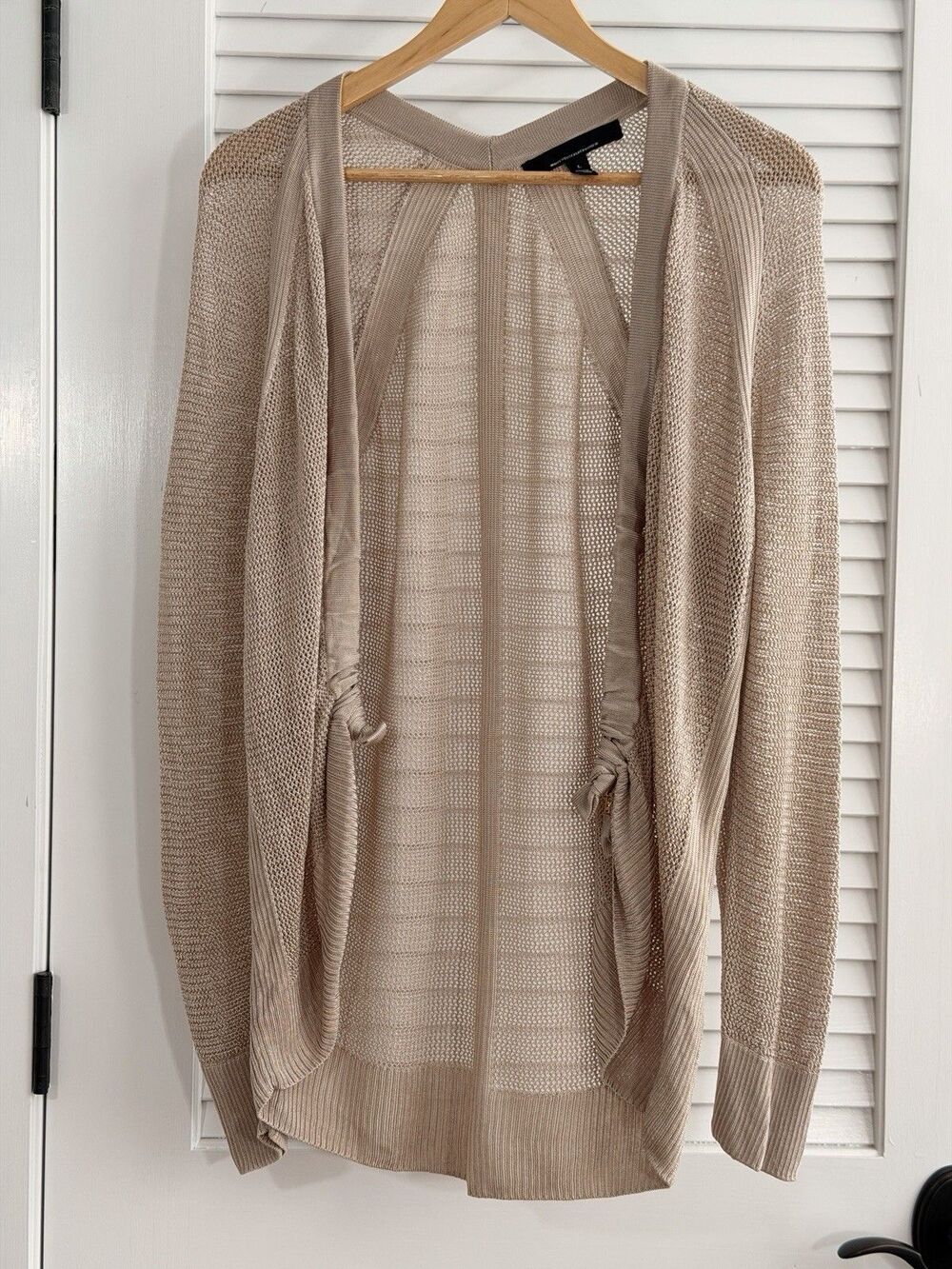 White House Black Market Cardigan L Beige Open Knit Draped Gold Hardware WHBM